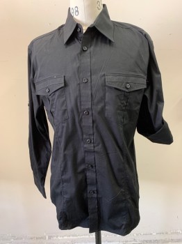 KNOCKEOUT JEANS, Black, Cotton, Solid, Long Sleeves, Collar Attached, Button Front, 2 Flap Pocket, Sleeve Button Tabs