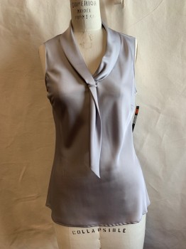 Womens, Top, TAHARI, Lt Gray, Polyester, Solid, M, Shawl Collar, Attached Necktie, Slvls,