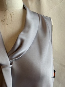 Womens, Top, TAHARI, Lt Gray, Polyester, Solid, M, Shawl Collar, Attached Necktie, Slvls,