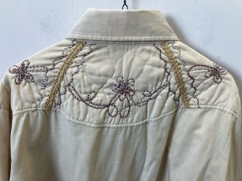 KENNINGTON, Tan Brown, Dk Brown, Poly/Cotton, Solid, Floral, LS, BF, CA, Quilted Yoke Front/Back W/Floral Embroidered Design