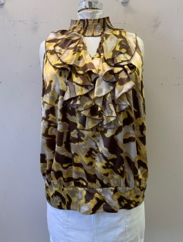 Womens, Top, ASHLEY STEWART, Gold, Brown, Multi-color, Polyester, Spandex, Abstract , 22/24, Elastic Turtleneck, Slvls, Keyhole CF, 2 Tiered Ruffled Bib, 2 Buttons at Back of Neck, Keyhole Back, Elastic Waistband, Beige and Silver Accents