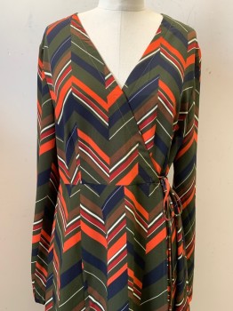 Loveriche, Olive Green, Red, Black, Brown, White, Polyester, Herringbone, L/S, V Neck, Crossover with Side Tie, Back Zipper,