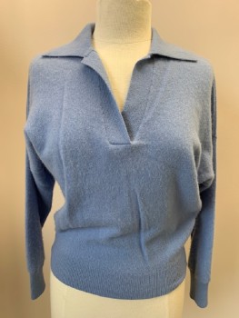 Womens, Pullover, CLUB MONACO, Blue-Gray, Cashmere, Solid, S, L/S, Collar, Retro 1950s