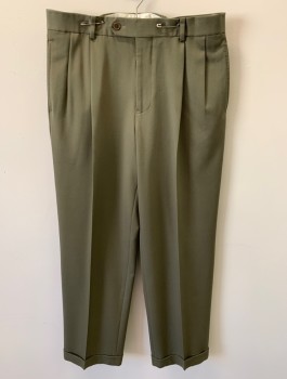 Mens, Slacks, BROOKS BROTHERS, Olive Green, Wool, Solid, L32, W32, Zip Front, Button Closure, Pleated Front, 4 Pockets, Cuffed, Creased