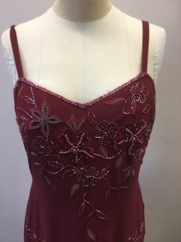 Womens, Evening Gown, BARDELLI, Maroon Red, Polyester, Floral, 6, Chiffon with Beaded and Embroidered Floral Pattern Throughout, Spaghetti Straps, Padded Bust, Invisible Zipper at Center Back, Floor Length Hem