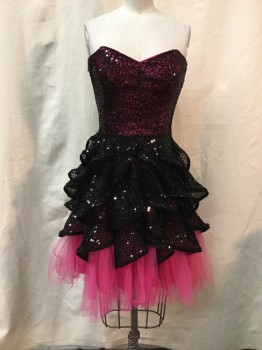 Womens, Cocktail Dress, BETSEY JOHNSON, Black, Hot Pink, Polyester, Color Blocking, 25w, 32b, Bodice--Strapless, Boned Sweetheart Neckline, Back Zipper, Skirt-- Horsehair Stiffenned Vertical Ruffle Over Tulle, Multiples,