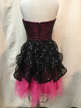 Womens, Cocktail Dress, BETSEY JOHNSON, Black, Hot Pink, Polyester, Color Blocking, 25w, 32b, Bodice--Strapless, Boned Sweetheart Neckline, Back Zipper, Skirt-- Horsehair Stiffenned Vertical Ruffle Over Tulle, Multiples,