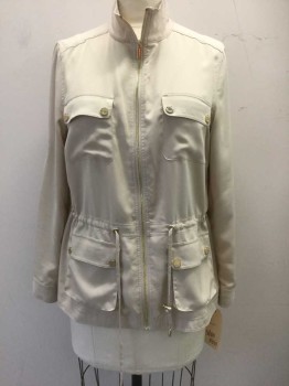 Womens, Casual Jacket, CALVIN KLEIN, Beige, Polyester, Solid, L, Zip Front, 4 Cargo Pockets, Gold Snap Detail, Drawstring Waist, Collar Attached,