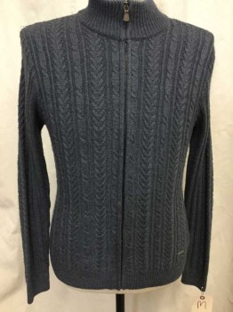 Mens, Cardigan Sweater, FIUME, Gray, Wool, Cable Knit, M, Zip Front, Moc Turtleneck,
