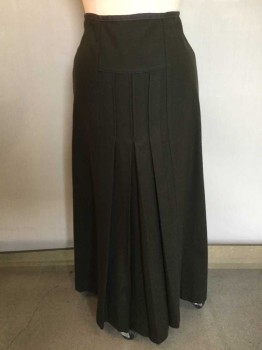 N/L, Olive Green, Dk Gray, Wool, Solid, Solid Olive Heavy Wool with 1/2" Wide Dark Gray Faille Waistband, Vertical Pleats/Panels At Center Front Waist To Hem, Hook & Eye Closures At Center Back Waist, Made To Order