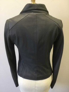 Womens, Leather Jacket, VINCE, Dk Gray, Leather, Cotton, Solid, XS, Zip Front, Wide Lapels, Rib Knit Sides, Top Stitching
