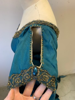 Womens, Historical Fiction Dress, MTO, Teal Blue, Gold, Silk, Solid, B34, Xs, Empire Waist, Metallic Gold Lace Trim, Short Sleeve with Center Slit, Lace is Beaded, Blue Ovals Across the Bust, Train, Cartridge Pleats, Velvet Drape Back Right Side, Regency, Napoleon, Pride & Prejudice, 1811-1820