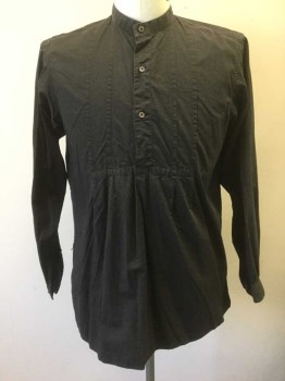 N/L, Black, Cotton, Solid, Long Sleeve, 3 Button Front, Band Collar,  Vertical Pleats at Front on Either Side of Button Placket, Made To Order Reproduction