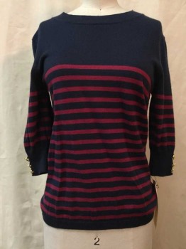 Womens, Top, ATMOSPHERE, Navy Blue, Magenta Purple, Viscose, Nylon, Stripes, 6, Navy with Magenta Stripes, Knit, Crew Neck, 3/4 Sleeve with Gold Buttons