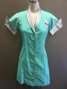 Womens, Waitress/Maid, MTO, Mint Green, Silver, Black, Vinyl, Poly/Cotton, Solid, Human Figure, 26, 34, Mint Green, with Silver Shawl Collar Attached, Milky W/silver Trim Snap Front, Silver Alien Face on Left Chest, Short Sleeves W/silver Pointy Cuffs