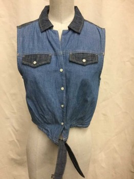 FIORE, Denim Blue, Blue, Indigo Blue, Cotton, Color Blocking, Solid, Blue Chambray, with Indigo Chambray Collar, Flaps on 2 Pockets and Panel on Shoulders, Sleeveless, with Cream Snap Closures, Collar Attached, Crop Top with Self Tie Waist