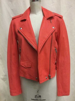 Womens, Leather Jacket, IRO, Coral Orange, Leather, Solid, 36, Coral Orange, Zip Front, Notched Lapel,