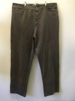 WAH MAKER, Dk Brown, Lt Brown, Cotton, Stripes - Vertical , 4 Welt Pockets, 3 Infront 1 in Back, Suspender Buttons on Outer Waistband, Button Front, Adjustable Buckle Tab in Back,