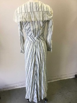 N/L, Lt Gray, Gray, Off White, Cotton, Geometric, Light Gray/White/Gray Gradiated Geometric Stripes, Long Sleeves, Wide Round Collar with White Net/Lace Panel with Scallopped Edge, Button Front, Floor Length Hem, **Has Several Rust/Liquid Stains Near Waist,