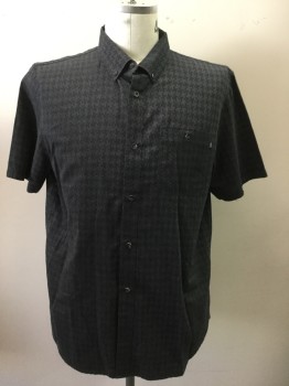 Mens, Casual Shirt, VANS, Gray, Black, Cotton, Polyester, Novelty Pattern, L, S/S, B.F., Bttn Down Collar, 1 Pckt, Stylized Houndstooth