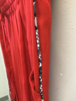 JOIE, Red, Silk, Synthetic, Solid, Elasticated Waist with Drawstring. Black & White Printed Fabric Piping at Side Seam of Leg