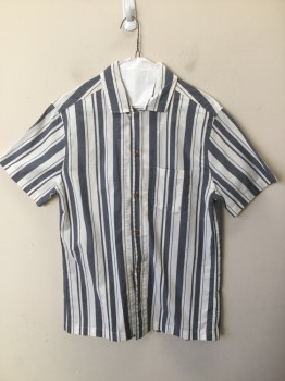 Mens, Casual Shirt, J CREW, White, Slate Blue, Cotton, Stripes, M, Button Front, 1 Pocket, Short Sleeves, Collar Attached,
