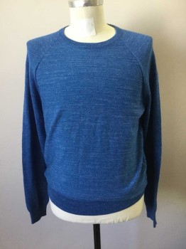 Mens, Pullover Sweater, J CREW, Blue, Cotton, Heathered, M, Raglan Long Sleeves, Ribbed Knit Scoop Neck/waistband/Cuff