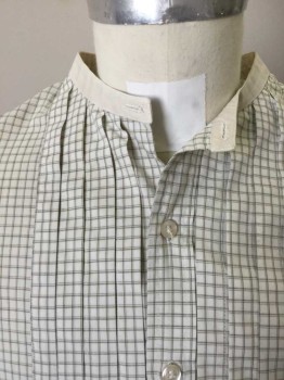 N/L, Off White, Olive Green, Poly/Cotton, Check , Middle Class Shirt. Check Plaid Shirt with Off White Collar & Cuffs, Long Sleeves, Button Front with Faux Button Placket. Pleated Bib Front,