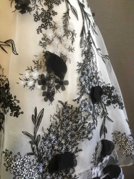 Womens, Evening Gown, MARCHESA NOTTE, Black, White, Polyester, Floral, 6, White Lining with Black MeshLace Overlay with White Embroidery, Deep V Neck with Eyelash Lace, Back Zip, Double Black Velvet Waist Piping with Ties, Layered White Mesh Skirt with Black & White Floral Embroidery and Black Appliqué 3D Petals, Tulle Fill Skirt