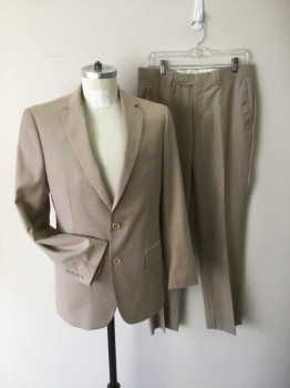 Mens, Suit, Jacket, CARLO LUSSO, Beige, Polyester, Rayon, Solid, 38R, 2 Button Single Breasted, 1 Welt, 2 Pockets with Flaps, 2 Vent Slits at Back