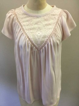 REBECCA TAYLOR, Blush Pink, Silk, Solid, Geometric, Wrinkle Chiffon with Geometric Embroidery on Yoke, Short Flutter Sleeves, Pullover, Keyhole Center Back, Double, See FC02857