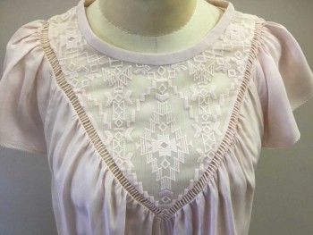 Womens, Top, REBECCA TAYLOR, Blush Pink, Silk, Solid, Geometric, 4, Wrinkle Chiffon with Geometric Embroidery on Yoke, Short Flutter Sleeves, Pullover, Keyhole Center Back, Double, See FC02857