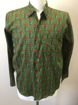 Mens, Casual Shirt, N/L, Dk Green, Red, Dk Blue, Cotton, Floral, 32/33, 16-.5, Button Front, Long Sleeves, Collar Attached, 1 Pocket,