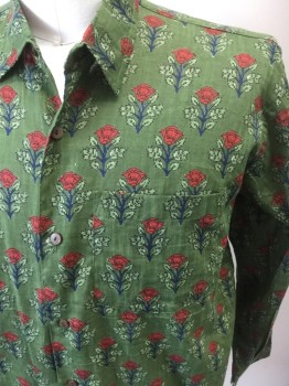 Mens, Casual Shirt, N/L, Dk Green, Red, Dk Blue, Cotton, Floral, 32/33, 16-.5, Button Front, Long Sleeves, Collar Attached, 1 Pocket,