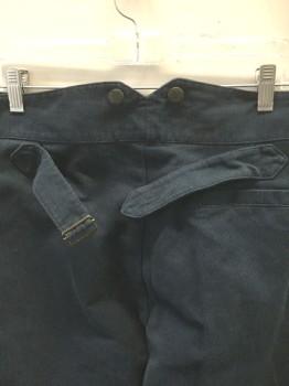 N/L, Navy Blue, Slate Blue, Cotton, Stripes - Micro, Flat Front, Button Fly, Metal Suspender Buttons at Outside Waist, 2 Slanted Front Pockets, Belted Back, Old West Reproduction **Has 6+ Inches to Let Down at Hem