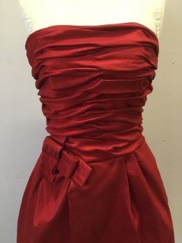 Womens, Cocktail Dress, JUNO, Red, Polyester, Lycra, Solid, M, Strapless Red Taffeta, Rushed Bodice. Tiered Puff Skirt Over Fitted Skirt with Self Novelty Bow at Waist