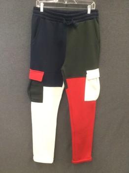 Mens, Sweatsuit Pants, AMERICAN STITCH, Navy Blue, Red, Forest Green, White, Poly/Cotton, Color Blocking, M, Colorblock Sweatpants, Elastic Drawstring Waistband, 4 Pockets + 2 Cargo Pockets, Rolled Cuff