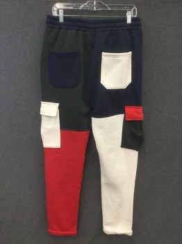 Mens, Sweatsuit Pants, AMERICAN STITCH, Navy Blue, Red, Forest Green, White, Poly/Cotton, Color Blocking, M, Colorblock Sweatpants, Elastic Drawstring Waistband, 4 Pockets + 2 Cargo Pockets, Rolled Cuff