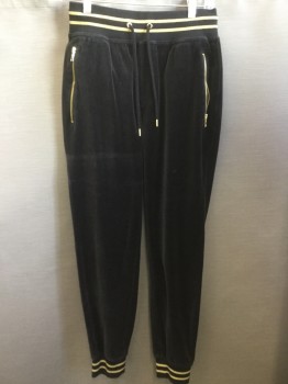 Mens, Sweatpants, INC, Black, Gold, Cotton, Polyester, Solid, S, Velour, Ribbed Waist/cuffs  with Gold Metallic Stripes, Zipper Pockets