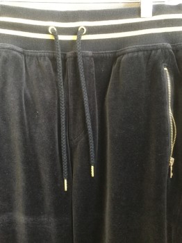 Mens, Sweatpants, INC, Black, Gold, Cotton, Polyester, Solid, S, Velour, Ribbed Waist/cuffs  with Gold Metallic Stripes, Zipper Pockets