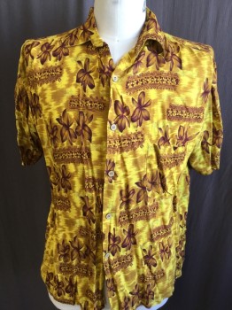 Mens, Hawaiian Shirt, WHITE OAK, Yellow, Maroon Red, Gray, Rayon, Hawaiian Print, L, Collar Attached, Button Front, 1 Pocket, Short Sleeves,