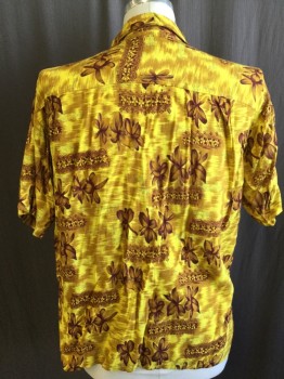Mens, Hawaiian Shirt, WHITE OAK, Yellow, Maroon Red, Gray, Rayon, Hawaiian Print, L, Collar Attached, Button Front, 1 Pocket, Short Sleeves,