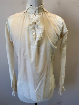 N/L, Cream, Cotton, Solid, Long Sleeves, Soft Wing Collar, Self Ruffled Jabot at Center Front Neck with Lace Trim, 5 Buttons at Neck, Puffy Gathered Sleeves, Ruffled Cuffs with Lace Trim, Made To Order Reproduction, Overdyed/Tea Dyed