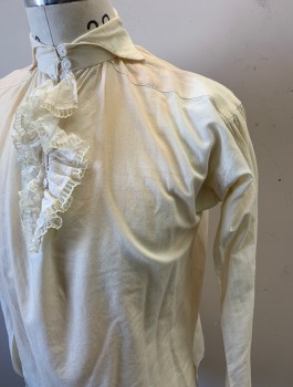 Mens, Historical Fiction Shirt, N/L, Cream, Cotton, Solid, S, Long Sleeves, Soft Wing Collar, Self Ruffled Jabot at Center Front Neck with Lace Trim, 5 Buttons at Neck, Puffy Gathered Sleeves, Ruffled Cuffs with Lace Trim, Made To Order Reproduction, Overdyed/Tea Dyed