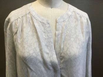 JOIE, Off White, Lt Gray, Silk, Floral, Long Sleeves, Pullover, Printed Lace, 2 Buttons, Gathers Into Yoke,