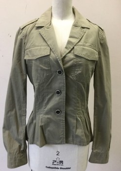 Womens, Blazer, BANANA REPUBLIC, Lt Olive Grn, Cotton, Solid, 0, Single Breasted, Notch Collar, 3 Buttons, 2 Pockets with Flap Closures at Bust, Epaulettes at Shoulders, Peplum Waist with 4 Pleats at Either Side, No Lining