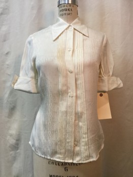 TRINA TURK, Ivory White, Silk, Speckled, Ivory, Self Speckled, Button Front, Collar Attached, Short Sleeves, Pleated Button Placket