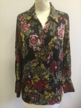 PLEOINE, Black, Red Burgundy, Gray, Mustard Yellow, Mauve Pink, Polyester, Floral, Black with Burgundy/Gray/Mustard/Etc Floral Pattern Crepe, Long Sleeves, V-neck with Collar Attached, 1 Patch Pocket at Chest, Oversized Fit