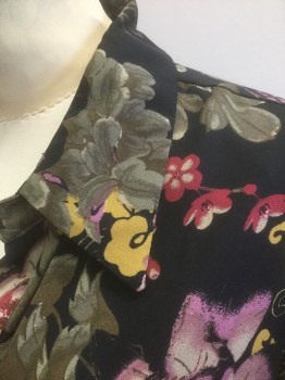 PLEOINE, Black, Red Burgundy, Gray, Mustard Yellow, Mauve Pink, Polyester, Floral, Black with Burgundy/Gray/Mustard/Etc Floral Pattern Crepe, Long Sleeves, V-neck with Collar Attached, 1 Patch Pocket at Chest, Oversized Fit