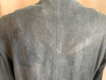 Mens, Leather Jacket, JOHN VARVATOS, Teal Blue, Suede, Solid, 40 R, Rib Knit Band Collar/ Cuffs/ Waist Band, Zip Front, Slit Pockets, Repaired Cut on Left Shoulder Blade